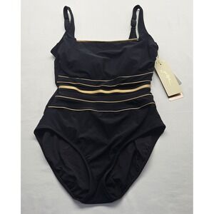 Gottex Gold Stripes One Piece Swimsuit Black Metallic Size 12 NWT 570339017